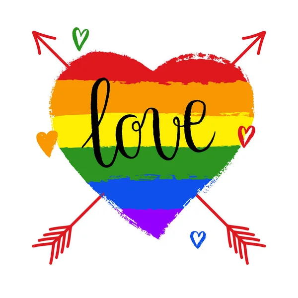 Lgbt ゲイやレズビアンのプライド グリーティング カード ポスター スペクトル手描き虹心とバレンタインの日に矢印 白い背景で隔離の手レタリングとデザイン要素をベクトル — ストックベクタ
