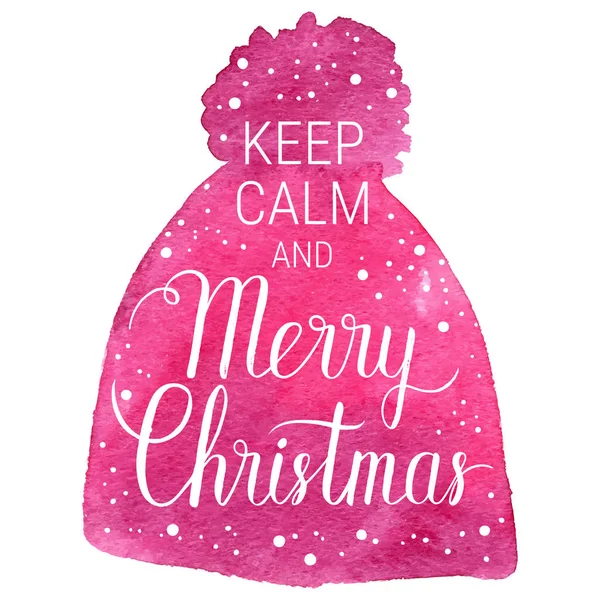 Keep calm and Merry Christmas poster. Vector winter holidays background with hand lettering, snowflakes, falling snow. Hand drawn watercolor red knitted hat.