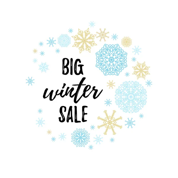 Big winter sale label, banner, sticker. Vector winter holidays backgrounds with hand lettering calligraphy, Christmas golden and blue snowflakes.