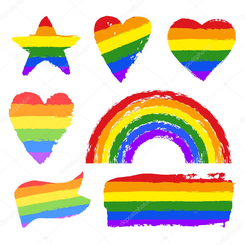 Vector gay pride design elements: flag, rainbow, star, heart, ribbon, smear. LGBT, gay and lesbian pride symbols, icons. Hand drawn paint strokes isolated on white background. LGBT concept.