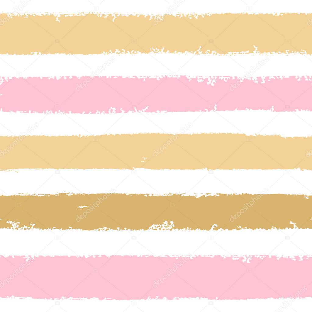 Hand drawn pink, gold ink abstract striped seamless pattern. Vector grunge texture. Paint brush smears on white background