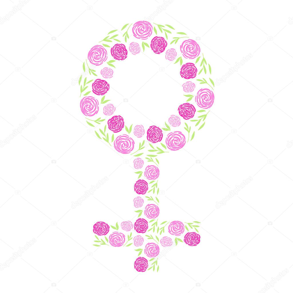 Vector woman sign icon with flowers. Symbol of feminine, female pink symbol of girl power