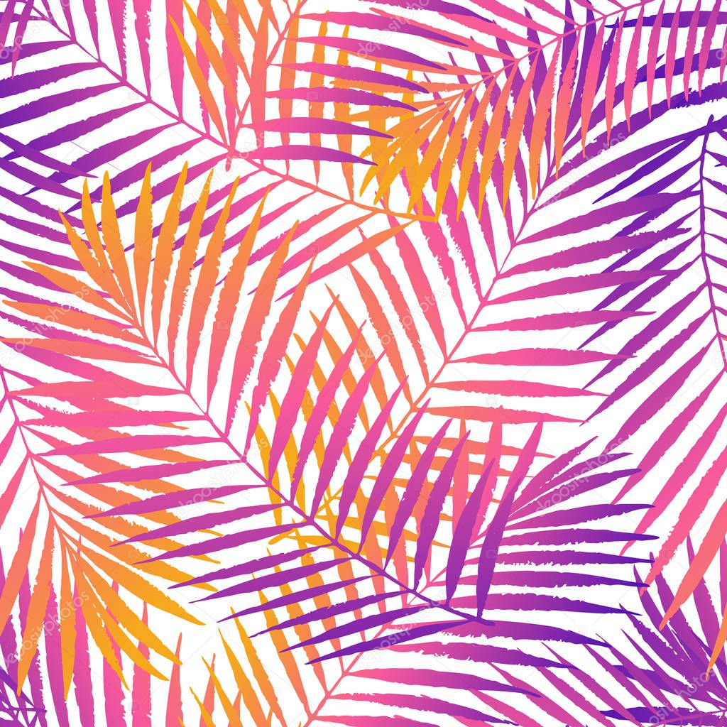Summer tropical palm tree leaves seamless pattern. Vector grunge design for cards, web, backgrounds and natural product. Colorful fasion illustration