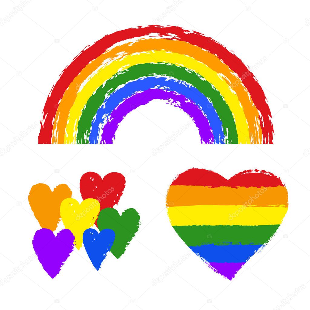 Vector gay pride design elements: flag, rainbow, heart, ribbon, smear. LGBT, gay and lesbian pride symbols, icons. Hand drawn paint strokes isolated on white background. LGBT concept.