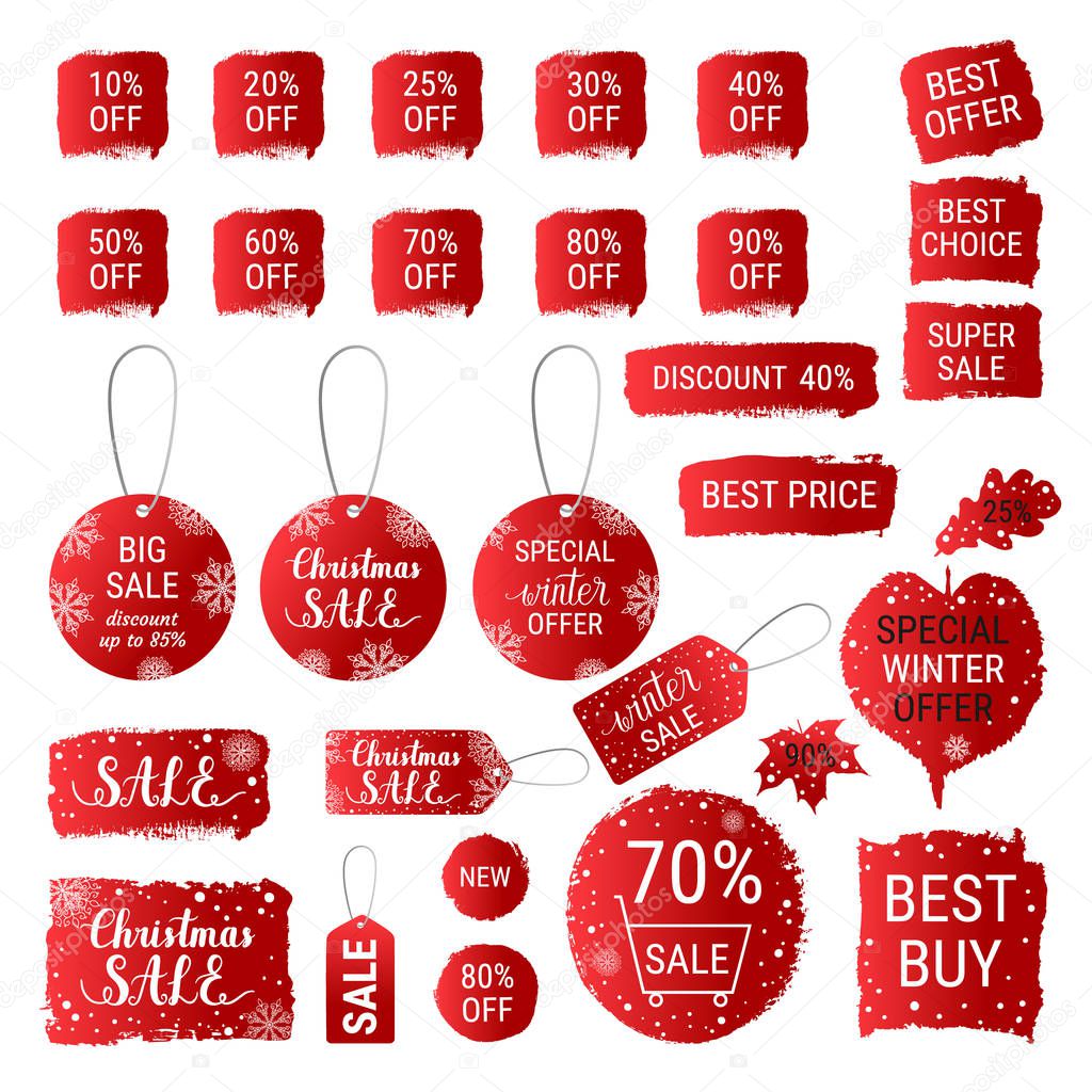 Big winter sale, Christmas sale, special winter offer, best price red gradient banners, labels, tags, shapes with hand lettering. Vector collection of paint brush strokes. Hand drawn design set. 