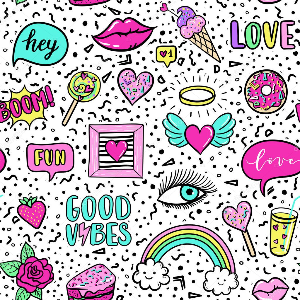 Vector seamless pattern with fashion fun patches: lip, star, strawberry, speech bubble on background. Pop art stickers, patches, pins, badges 80s-90s style
