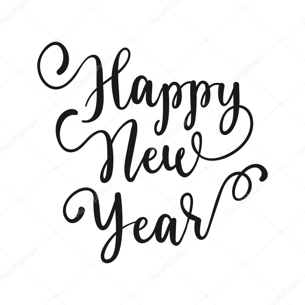 Happy New Year hand lettering calligraphy isolated on white background. Vector holiday illustration element. Black eve inscription text