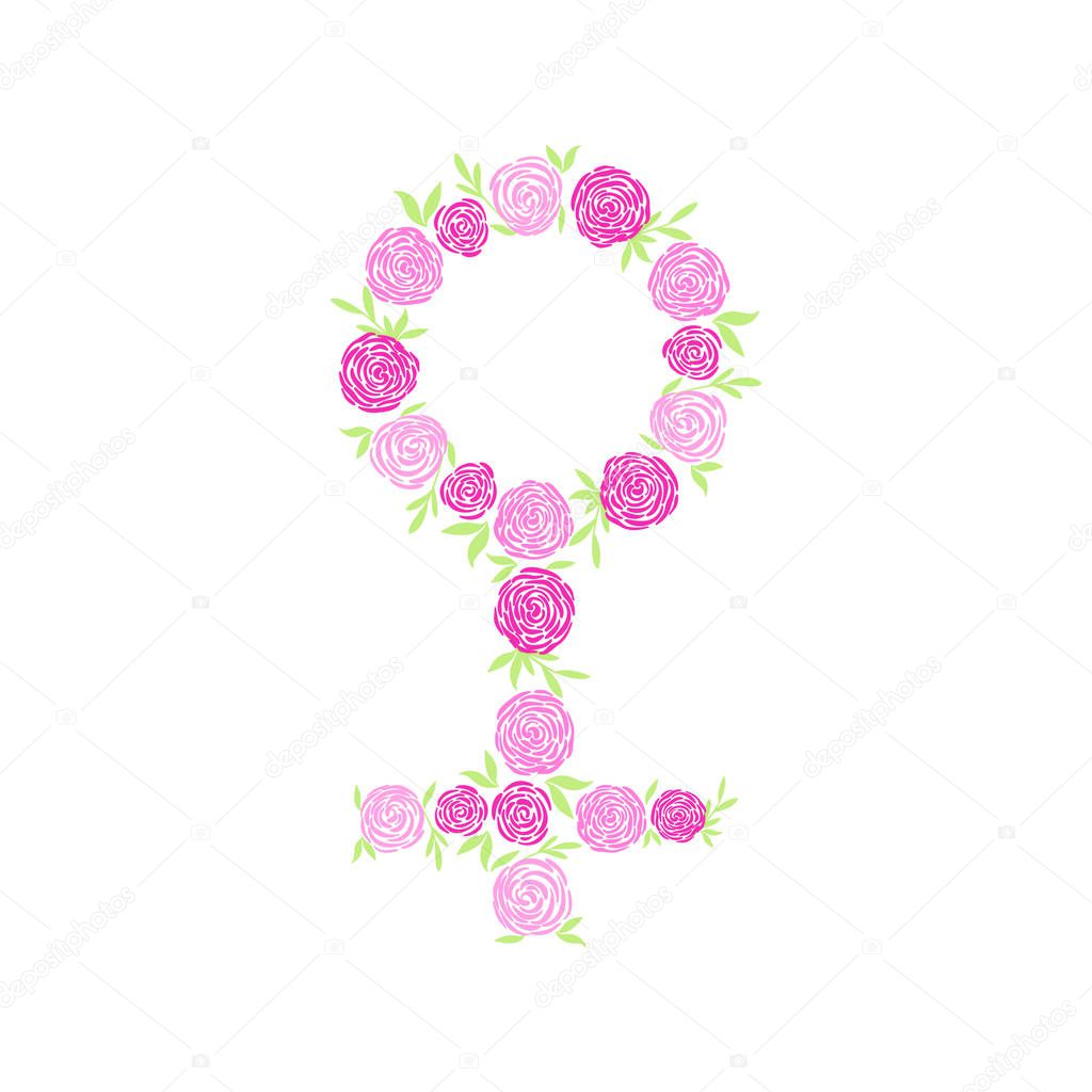 Vector woman sign icon with flowers. Symbol of feminine, female pink symbol of girl power