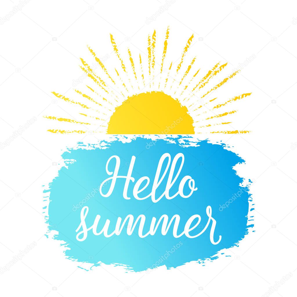 Hello summer text with sun, blue sea. Vector exotic beach icon, label, graphic