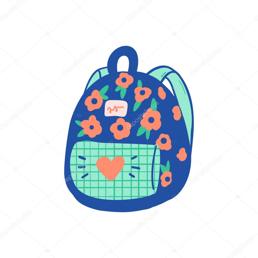 Vector school backpack illustration element. Kids, travel rucksack icon on white background
