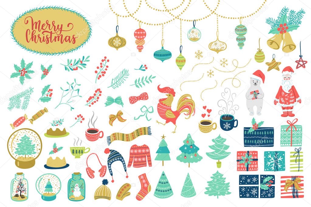Big Christmas set. Vector winter holidays santa, tree, bear, mistletoe, snowman, gift, pie, sweater, garland elements.