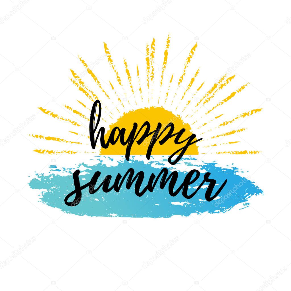 Happy summer calligraphic poster. Vector background with hand lettering.