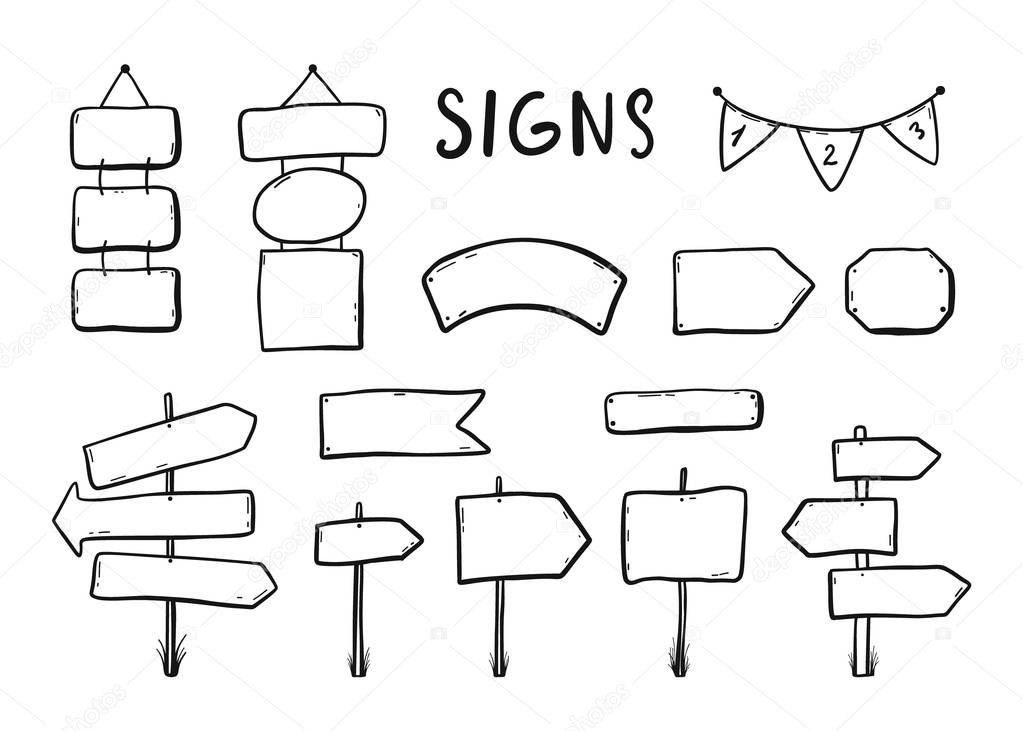 Wooden signages, road signs, direction signs, flags, arrows doodle icons set Hand drawn vector illustration