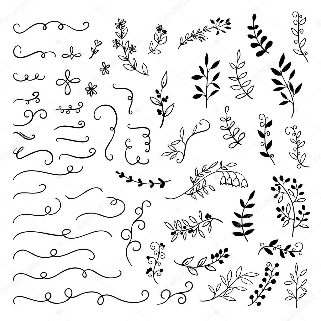 Hand drawn borders, branches, leaves decoration set for Valentines Day and wedding greeting cards. Vector swirly line, flourish isolated on white background.