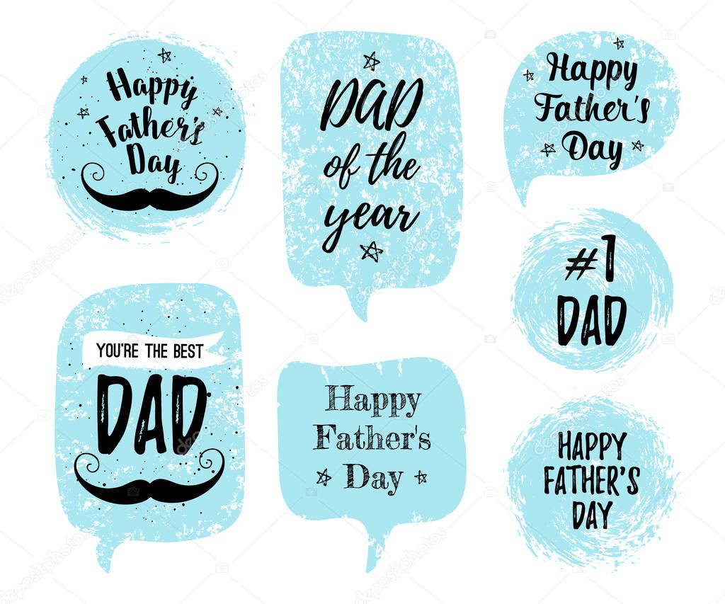 Happy Father's Day, You're the Best DAD, DAD of the year, #1 DAD greeting cards, fashion posters set. Vector quote with speech bubble background. Fathers day typography poster with mustache, stars.