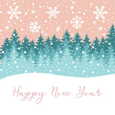 Mutlu yeni yıl tebrik kartı için yeni yıl 2018. Vektör kış tatil arka plan el yazı hat, düşen kar, Noel ağaçları.