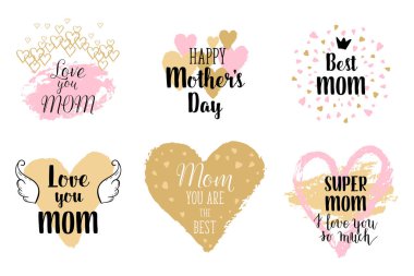 Mutlu anneler'ın günü, seni o kadar çok tebrik kartları seviyorum, mürekkep ile posterler koymak el çekilmiş lekeleri, kalpleri. Vektör arka plan el yazı ile.
