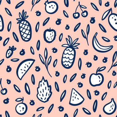 Durian, ananas, karpuz, muz, dragon meyve, Pitaya ile vektör tropikal meyve arka plan. Yaz egzotik meyve siyah beyaz seamless modeli. El çizimi illüstrasyon, kaydırma, tekstil