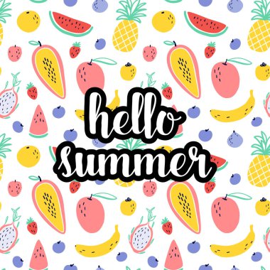 Merhaba yaz metin tropikal meyve elemanları ile: ananas, mango, karpuz, dragon meyve, Pitaya, muz, papaya. Vektör egzotik yiyecek Dikişsiz desen arka plan