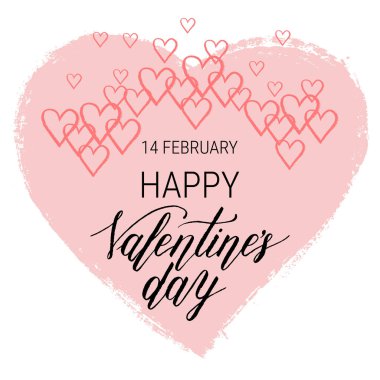 Mutlu sevgililer günü tebrik kartı, poster mürekkep elle çizilmiş yürekleri. Vektör arka plan el yazı ile.