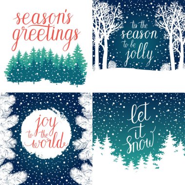 Merry ve parlak Noel, Happy Holidays, mutlu yeni yıl tebrik kartları ayarlayın. Vektör kış tatil arka el yazı kaligrafi, Noel ağaç dalları, kar taneleri, kar düşüyor.