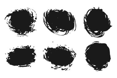 El çekilmiş soyut siyah boya fırça darbeleri, kutusu, yuvarlak, daire lekeleri. Vektör şekilleri, beyaz arka plan üzerinde izole kare kümesi.