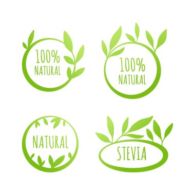 Vektör Stevia, % 100 doğal Etiketler, çıkartmalar, Etiketler ve beyaz arka plan şekilleri. Doğa gıda, kozmetik kümesi lekeleri.