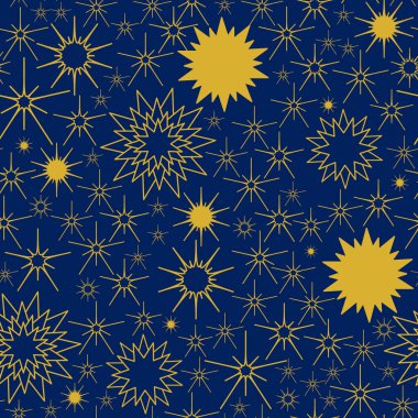 Doodle vektör yıldız ile Seamless modeli. Vektör gece gökyüzü arka plan. Sarı ve mavi.