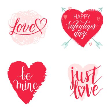 Sevgililer günün kutlu olsun, benim, sadece aşk tebrik kartları, posterler suluboya ile çizilmiş leke, kalpleri teslim. Vektör arka plan el yazı ile. Ayarla.