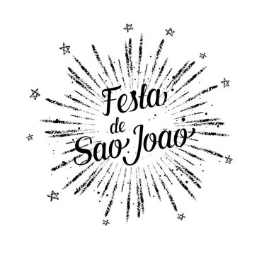 Festa de Sao Joao siyah etiket yaz tatil kaligrafi poster, illüstrasyon. Yıldız ile vektör havai fişek carnaval arka plan.