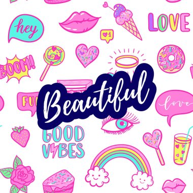 Güzel tebrik kartı, moda poster. Çizilmiş moda pembe renk düzeltme ekleri el: gökkuşağı, halka, kedi, macaron, pasta, lolipop seamless modeli. Vektör pop art çıkartma, yamalar PIN 80s 90s tarzı.