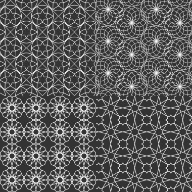 Ramazan Kareem siyah ve beyaz tebrik kartı, afiş, Dikişsiz desen küme. Vektör süslü geometrik parlayan arka plan İslam tarzı