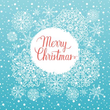 Neşeli Noel tebrik kartı. Yazı, kar taneleri, kar düşen el ile vektör kış tatil arka plan.