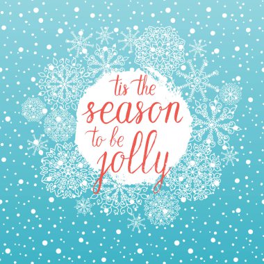 Tis sezon neşeli Noel tebrik kartı olmak. Yazı, kar taneleri, kar düşen el ile vektör kış tatil arka plan.