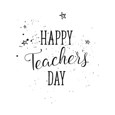 Mutlu öğretmenin gün etiket, kartpostal, poster. Vektör teklifi kalpler, yıldız, çiçek, uçak ile beyaz bir arka plan üzerinde.