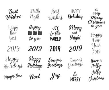 Merry ve parlak Noel, Happy Holidays, Happy New Year etiketleri, amblem, logo, metin, tebrik kartları ayarlayın. Vektör kış tatil arka hat yazı el ile