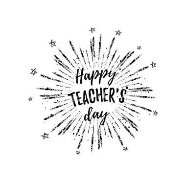 Mutlu öğretmenin gün etiket, kartpostal, poster. Yıldız ile beyaz bir arka plan üzerinde siyah vektör alıntı.