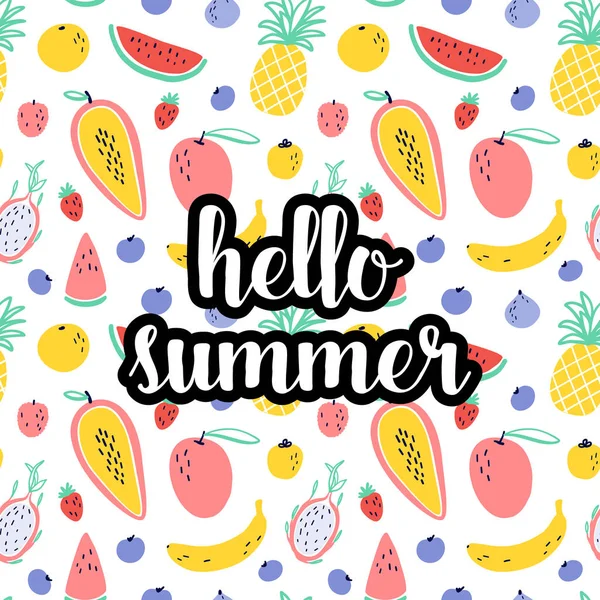 Hello Summer Text Tropical Fruit Elements Pineapple Mango Watermelon Dragon — Stock Vector