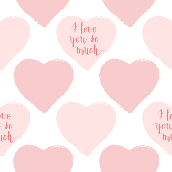 Vector Seamless Pattern Cute Pink Hearts Love You Much Hand — Stock Vector