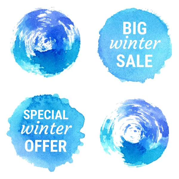 Vector special winter offer, big winter sale labels and shapes on white background. Hand drawn watercolor blue stains set.