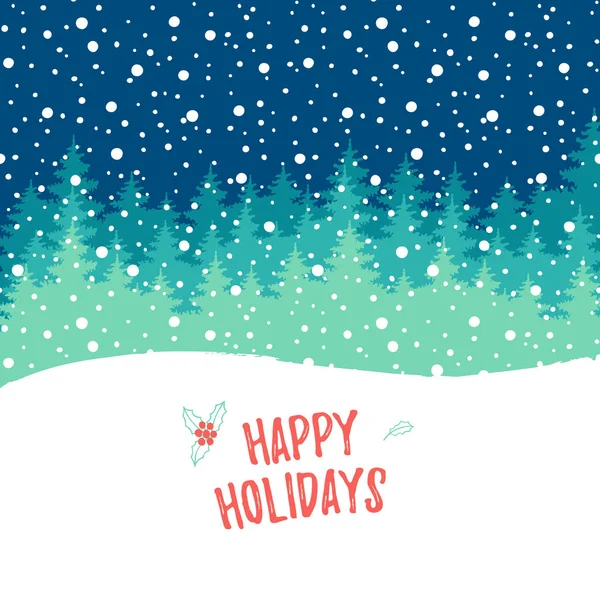 Happy Holiday greeting card. Vector winter holiday shine blurred background with hand lettering calligraphic, snowflakes, trees, falling snow.