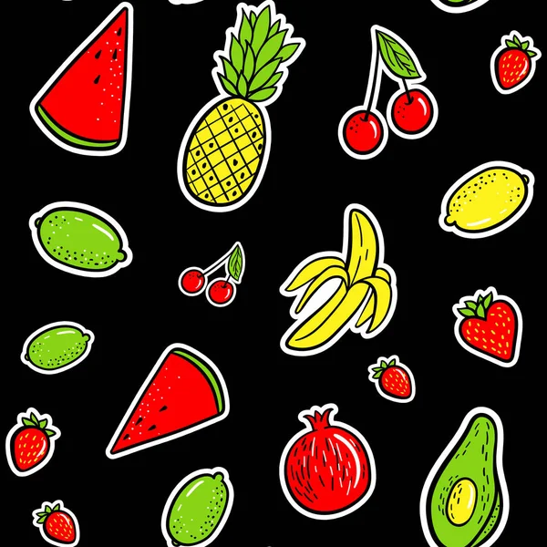 手绘时尚补丁热带水果 西瓜无缝图案 背景向量例证 流行艺术帕奇 徽章80S 90S — 图库矢量图片