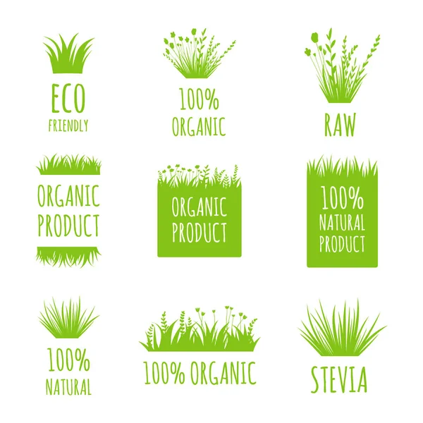 Vektör Eko Dostu 100 Doğal Raw Organik Ürün Etiketleri Çıkartmalar — Stok Vektör