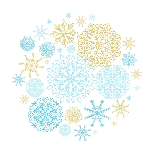 Fondos Vacaciones Invierno Vectorial Con Copos Nieve Dorados Azules — Vector de stock