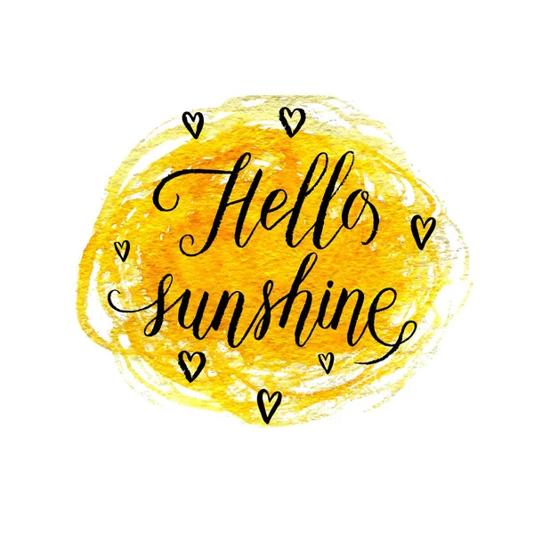 Bonjour Carte Voeux Soleil Affiche Avec Des Coeurs Tache Aquarelle — Image vectorielle