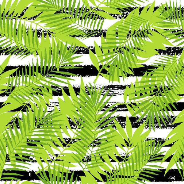 夏季热带树在条纹几何纹理上留下无缝图案 用于卡片 壁纸和天然产品的矢量格格设计 夏季派对平面设计 — 图库矢量图片