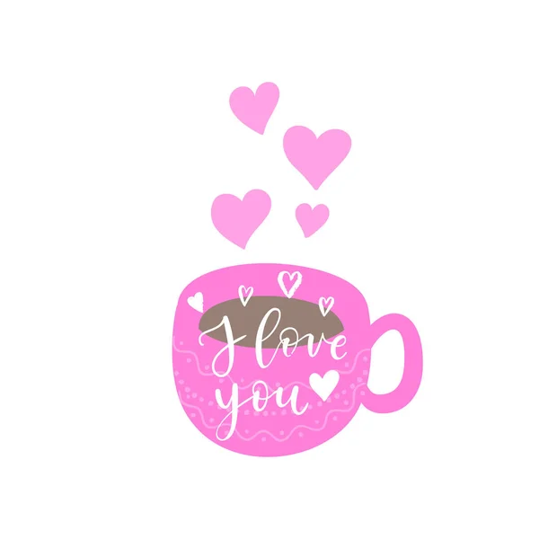 Glückwunschkarte Zum Valentinstag Plakat Mit Heißem Tee Kaffeetasse Vektorhintergrund Mit — Stockvektor