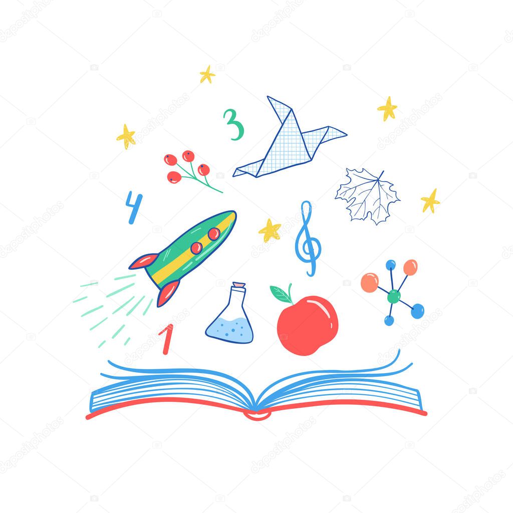 School science vector illustration. Vector rocket, book, chemistry test tubes, notes, numbers, leaves, stars, paper bird. School icons.