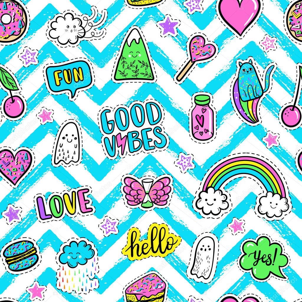Vector hand drawn fashion pink color patches: rainbow, doughnut, mountain, cat, ghost, cloud, macaron, cake, lollipop, heart seamless pattern. Modern pop art sticker, patches pin, badge 80s-90s style