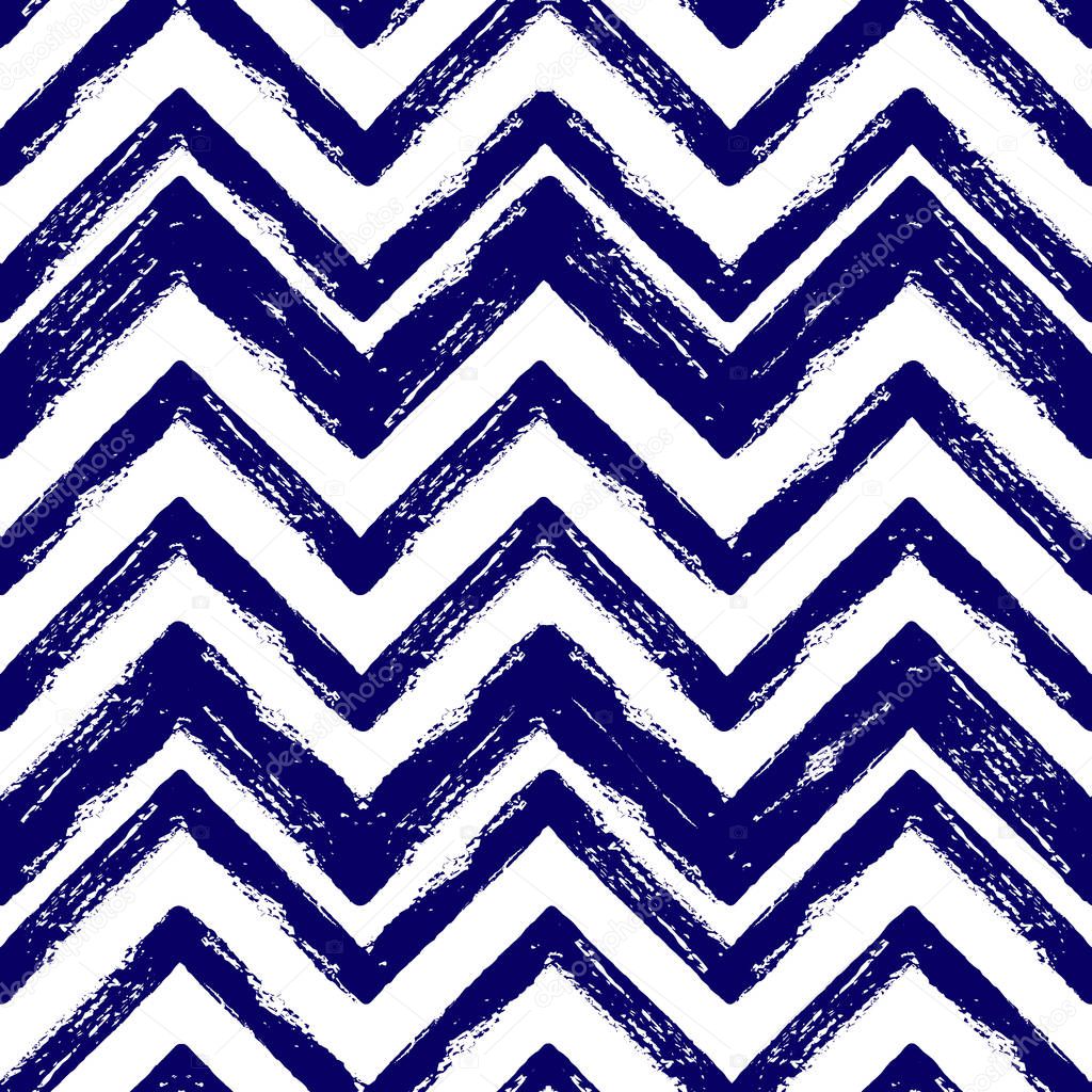 Hand drawn blue ink abstract striped seamless pattern. Vector grunge texture. Paint brush zigzag on white background